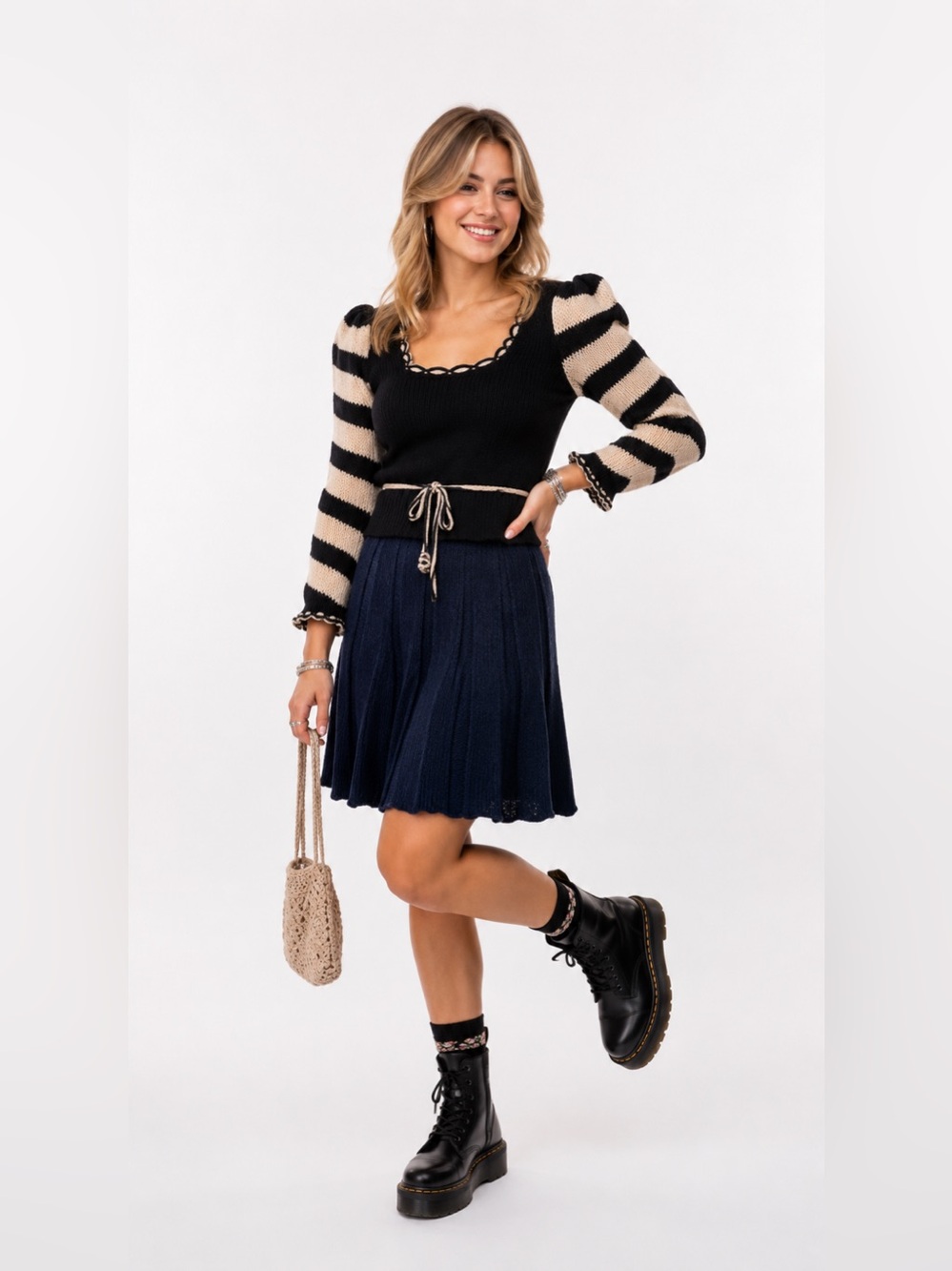 One of a Kind Artisan Hand Knit Navy Blue Knit Skirt Sweater Set Y2K Boho Luxury